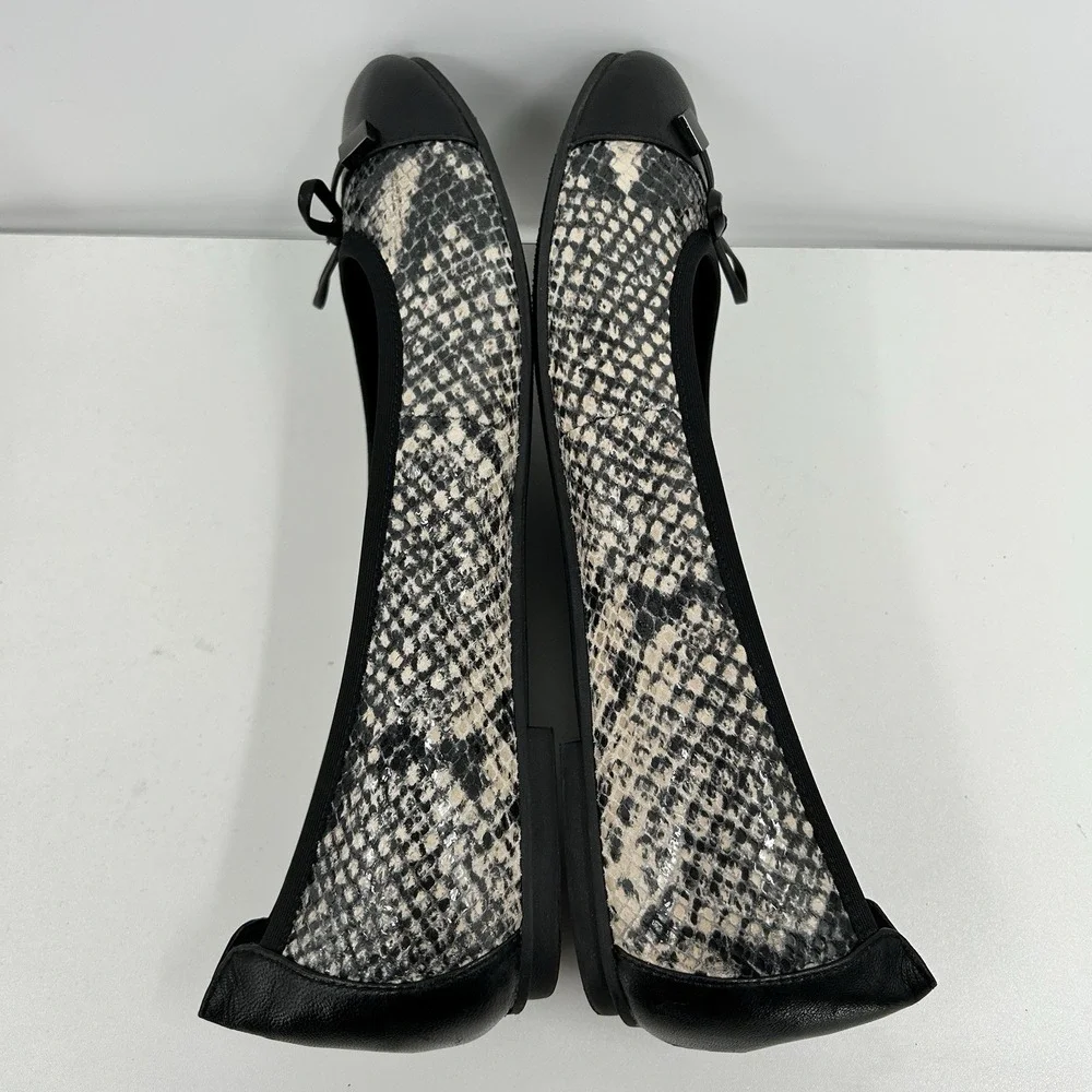 Vionic Womens Minna Ballet Bow Flat Size 10 Snake Print Comfort Slip On Black